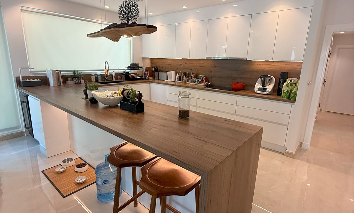 a kitchen with a counter top