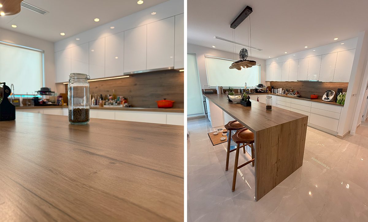 a kitchen with a counter and a table
