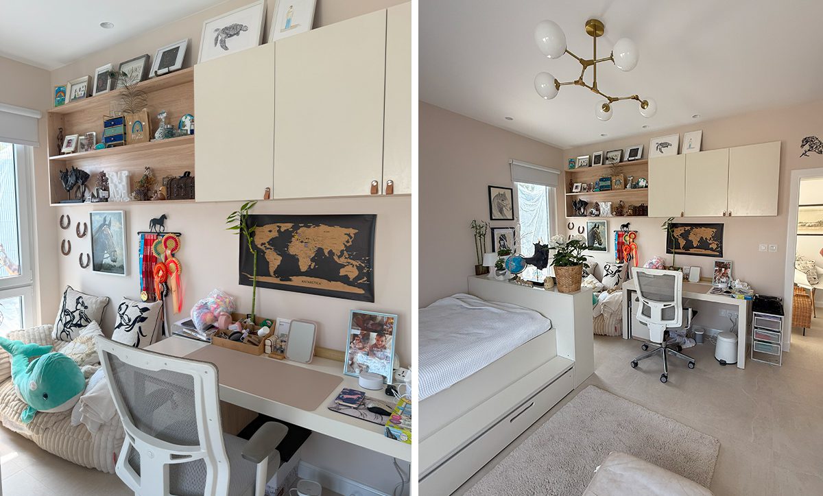 a bedroom with a desk and a bed